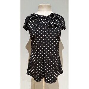 Liz McCoy Small Black White Polkadot Blouse Short Sleeve Shirt Tie Scrunch Neck